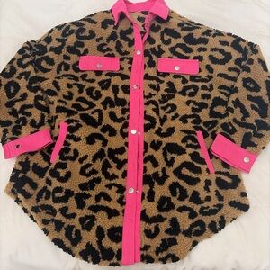 Leopard Print Sherpa Button up Coat with Pink Accents